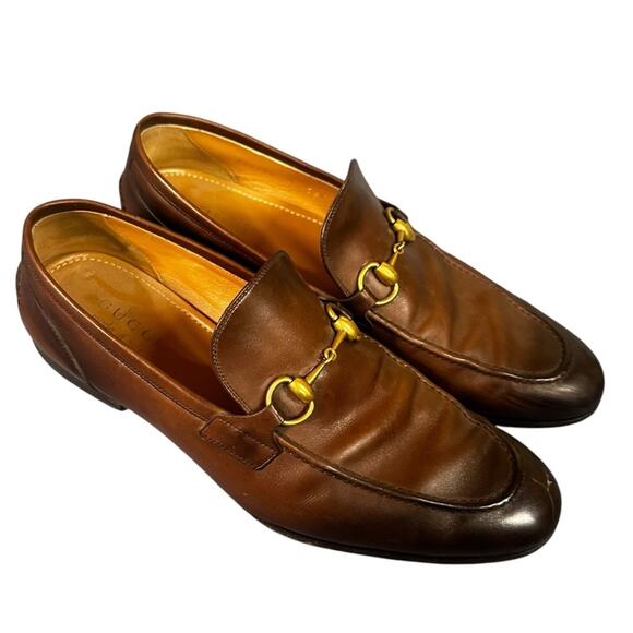 Gucci Jordaan Brown Leather Loafer Gold Horsebit Hardware Size 9 Men's - Picture 1 of 10